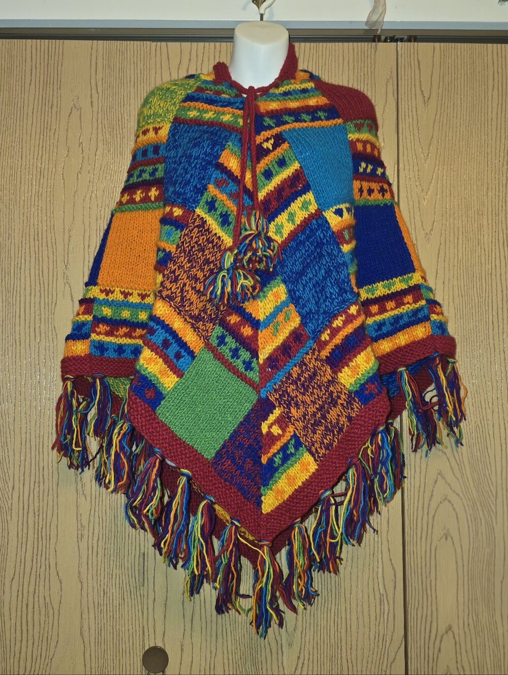 Colorful Patchwork Wool Knit Poncho with Long Fairy Hood